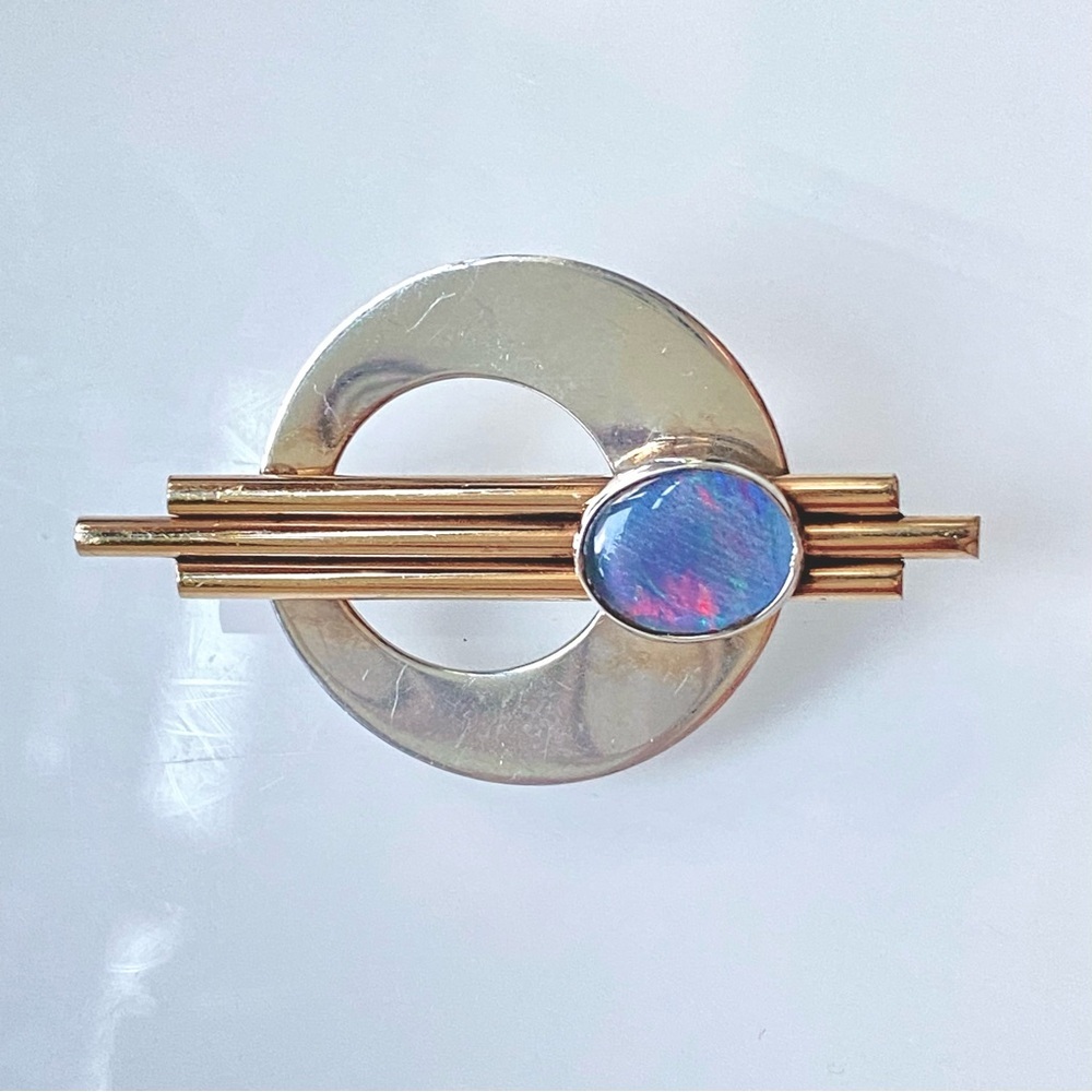 Vintage 10K GF Sterling Silver& Opal Modernist Deco Geometric Brooch Pin Pendant
